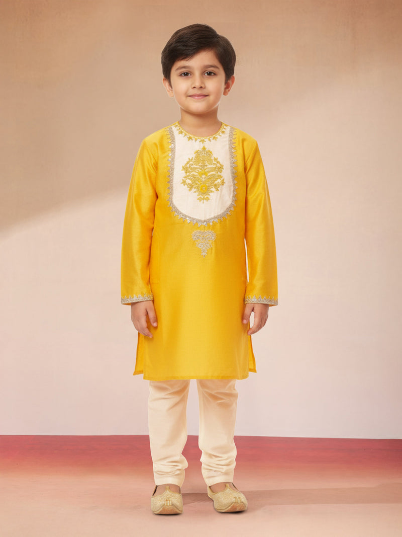 Boy's Yellow Viscose Kurta with Cream Pyjama