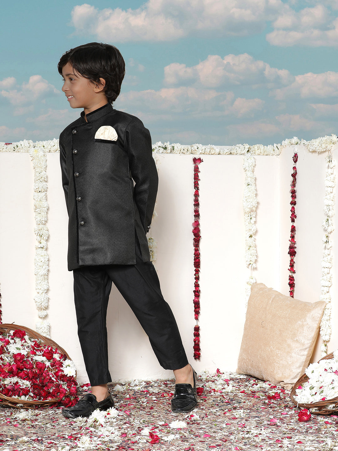 Jbn Creation Boy's Black And Gold Jute Blend Angrakha Style Sherwani And Pyjama Set