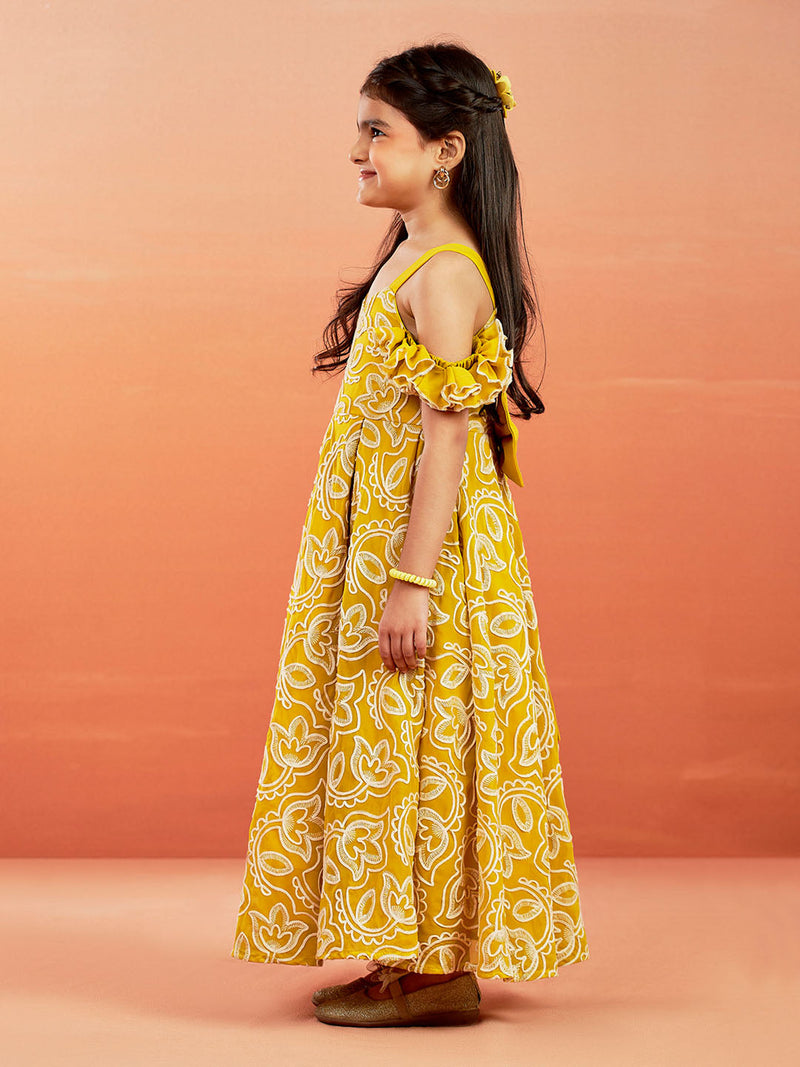 Girl's' Mustard Georgette Floral Embroidered Gown