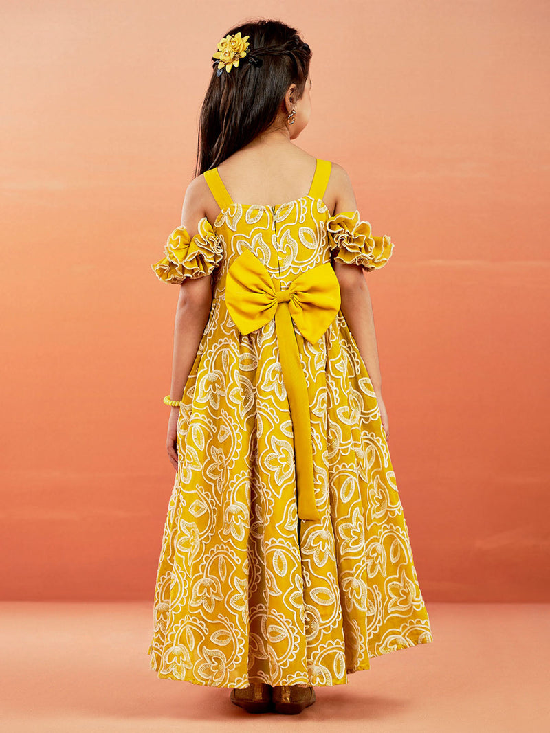 Girl's' Mustard Georgette Floral Embroidered Gown