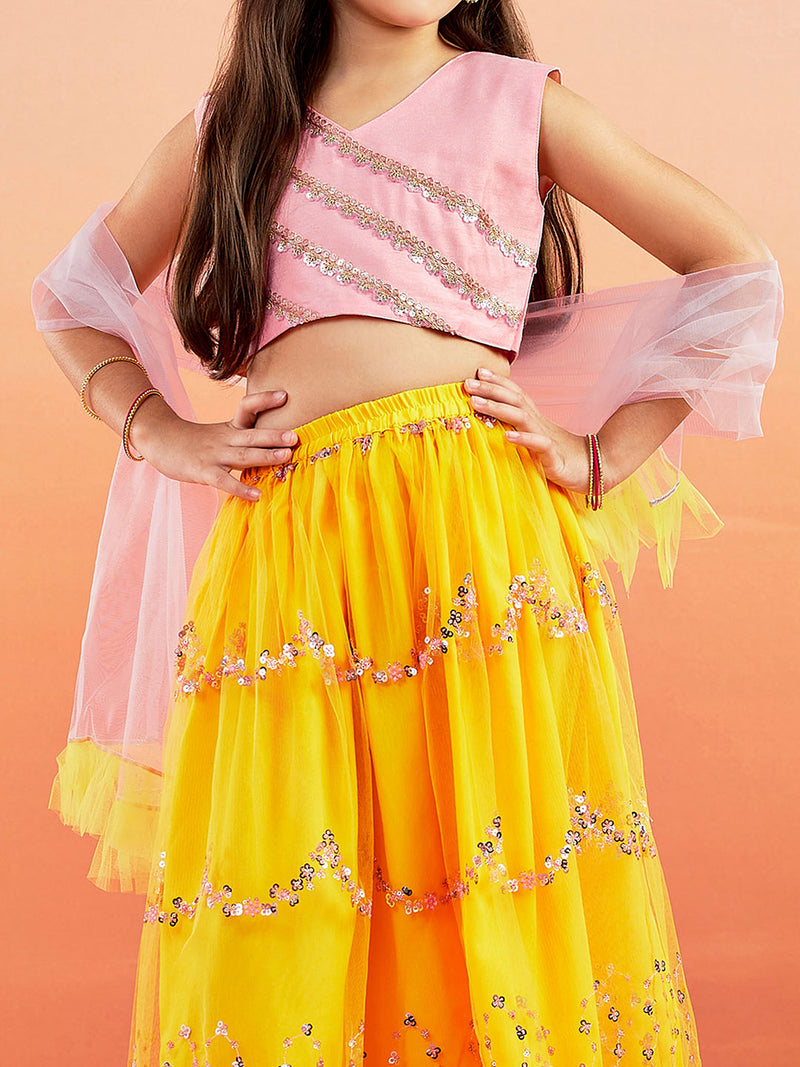 Girl's' Pink Crop Top And Yellow Net Lehenga With Ruffled Dupatta Set