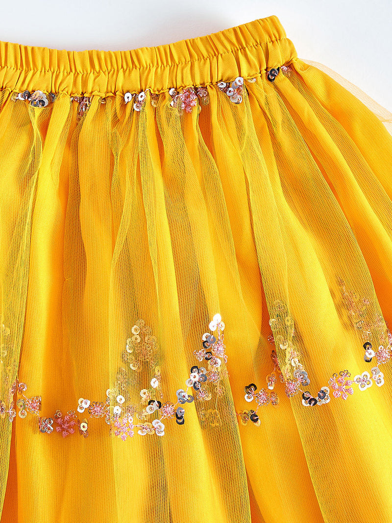 Girl's' Pink Crop Top And Yellow Net Lehenga With Ruffled Dupatta Set