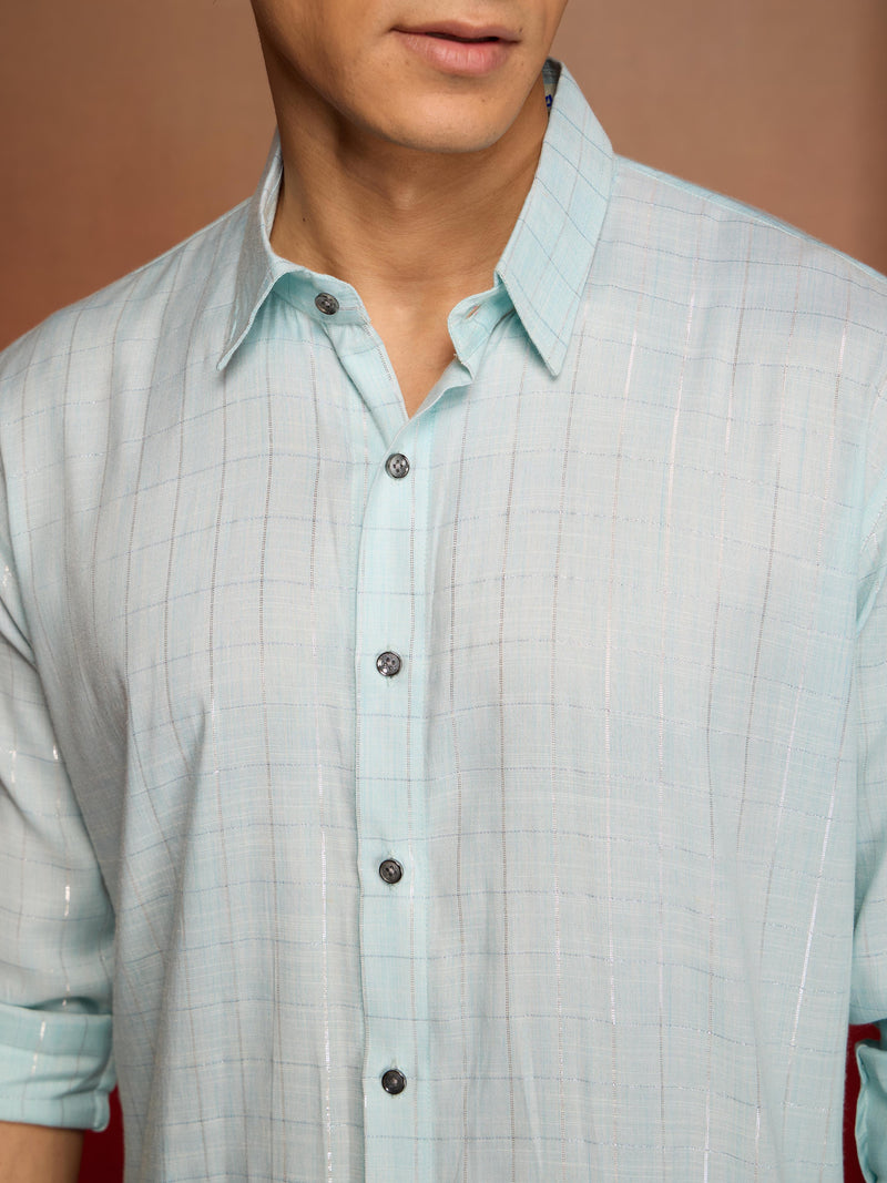 Men's Aqua Cotton Geometric Kurta Palazzo Set