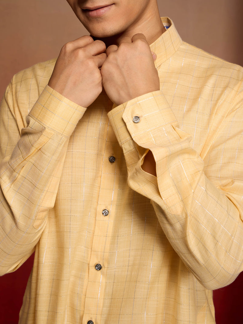 Men's Yellow Cotton Geometric Kurta Palazzo Set