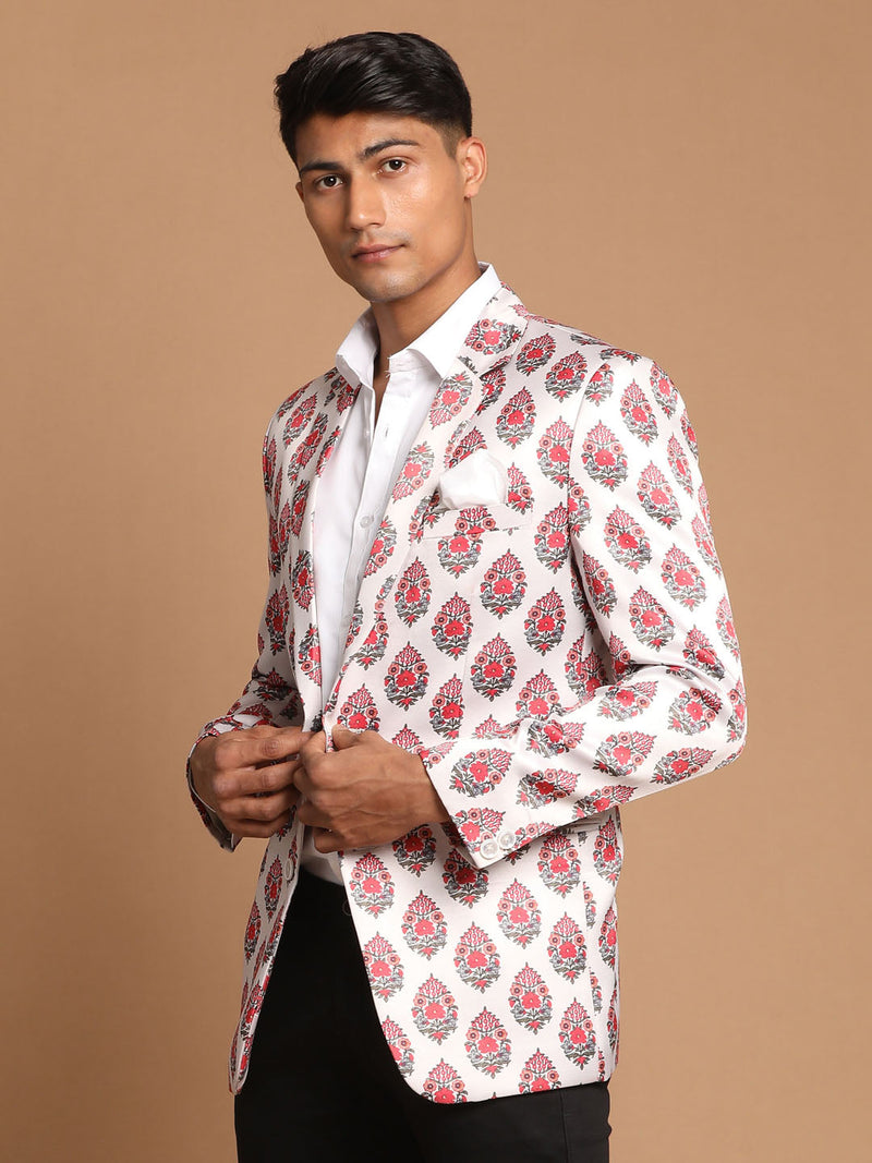 Men's Cream Base Multi-Color Printed Blazer