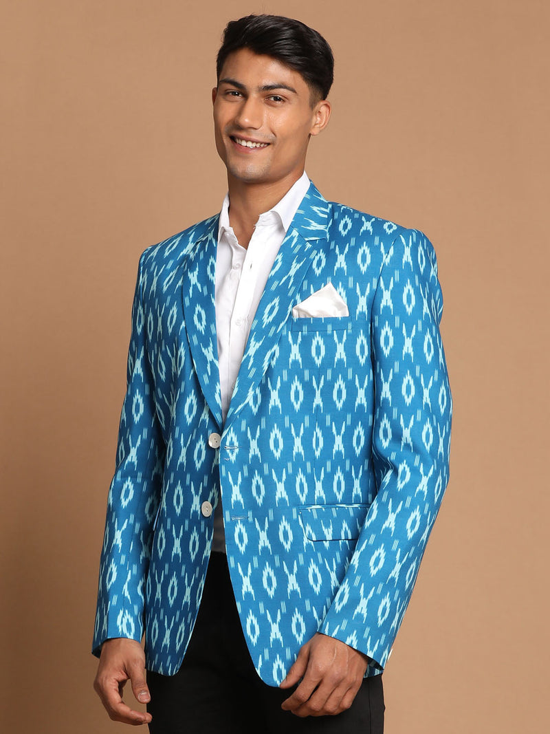 Men's Turquoise Blue Ikkat Print Blazer