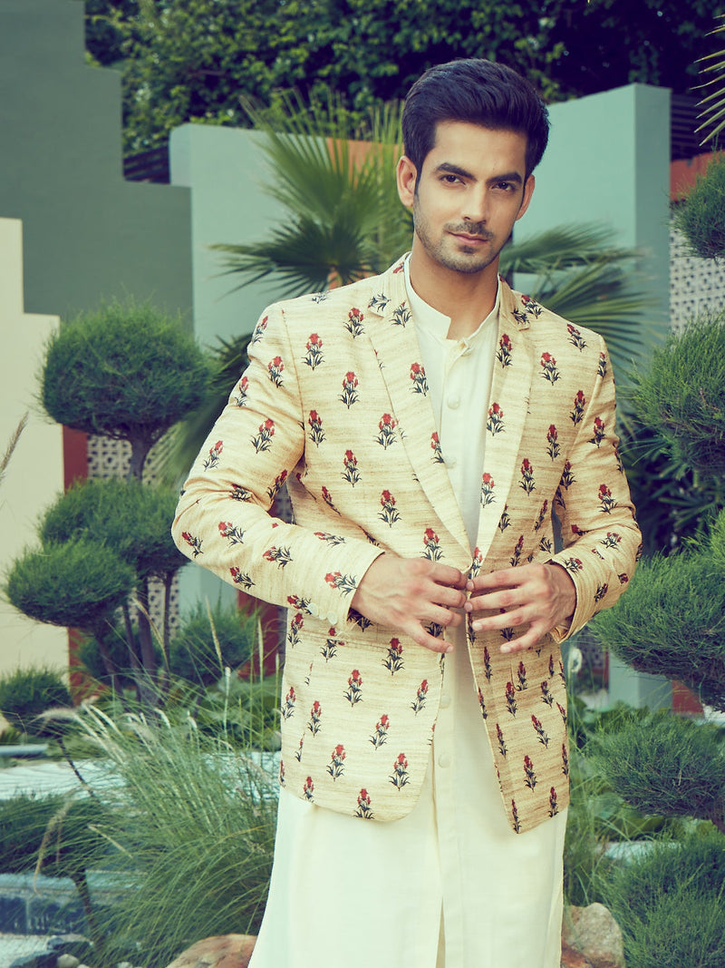 Men's Beige Silk Blend Printed Blazer