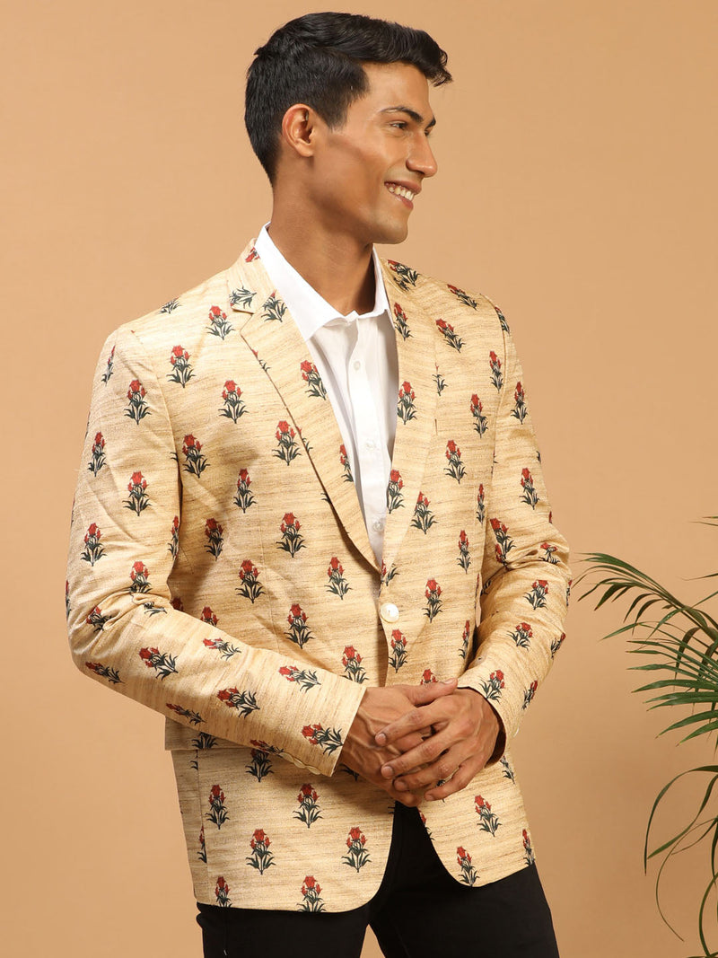 Men's Beige Silk Blend Printed Blazer
