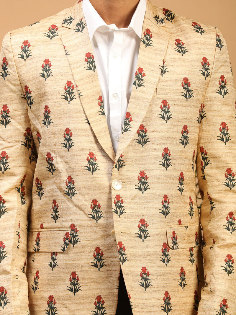 Men's Beige Silk Blend Printed Blazer