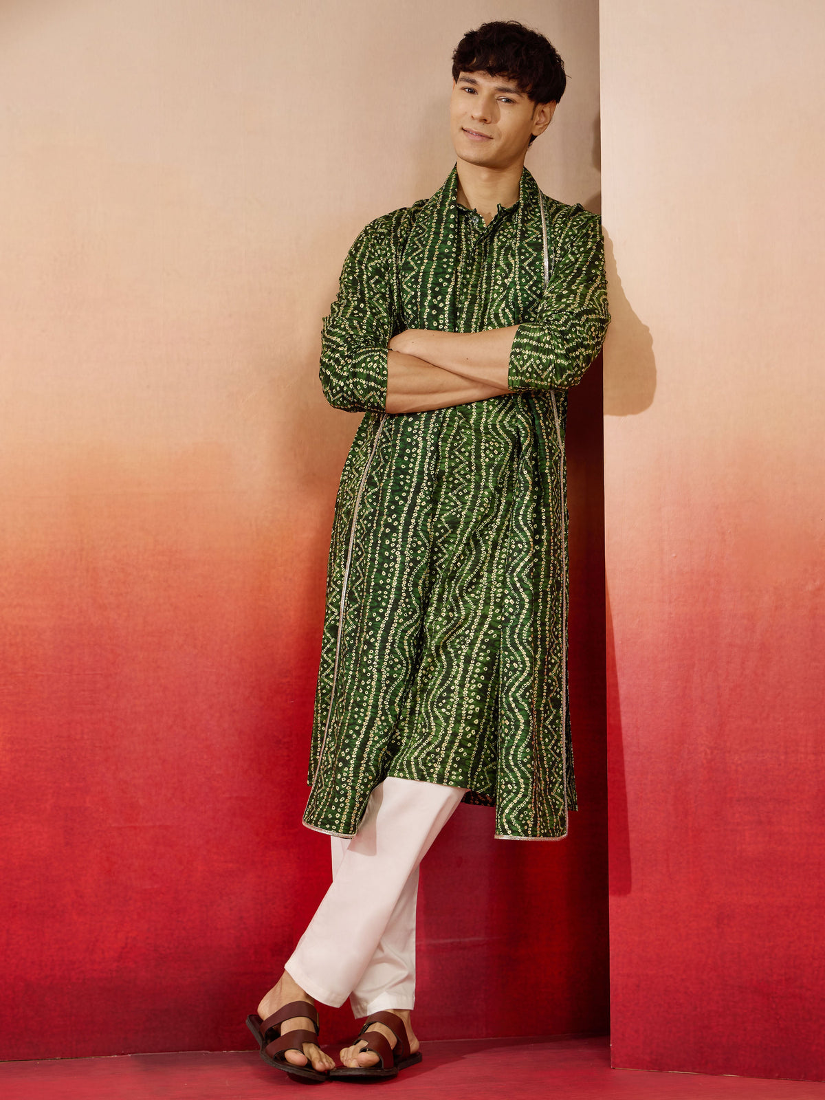 Men's Green Rayon Bandhani Print Dupatta