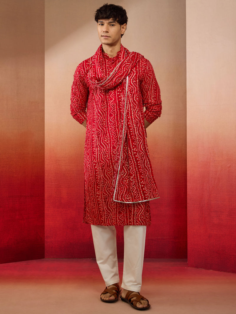 Men's Red Rayon Bandhani Print Dupatta