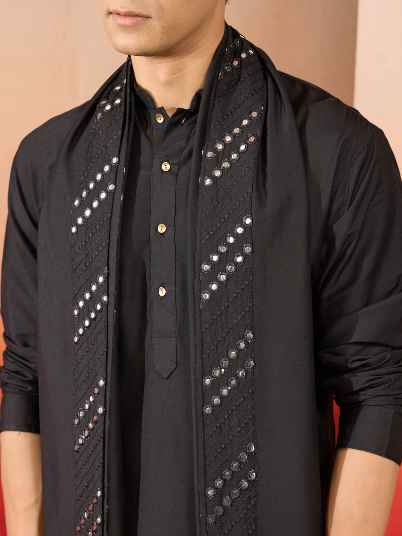 Men's Black Viscose Mirror Work Dupatta