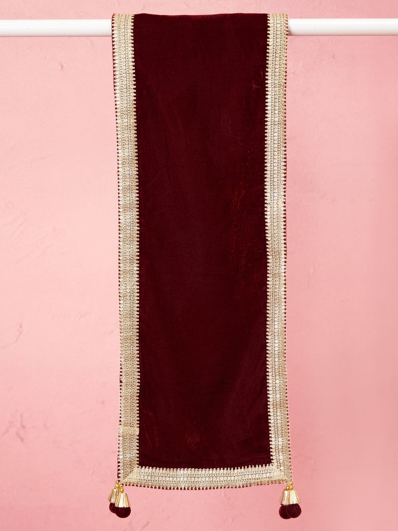 Men's Maroon Solid Velvet Kurta with Tassel Dupatta