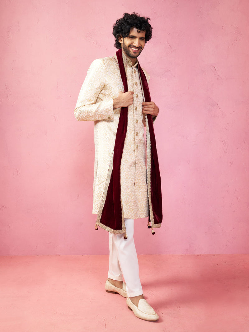 Men's Maroon Solid Velvet Kurta with Tassel Dupatta