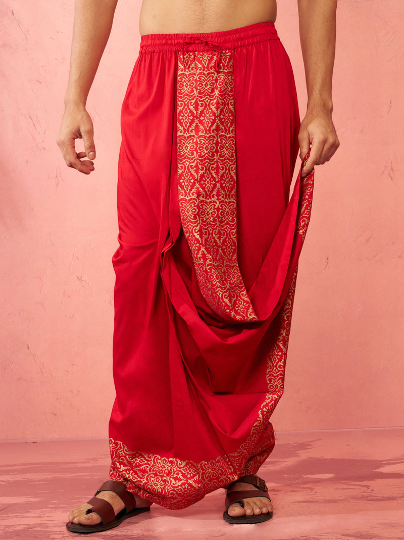 Men's Red Viscose Dhoti Traditional Border Print
