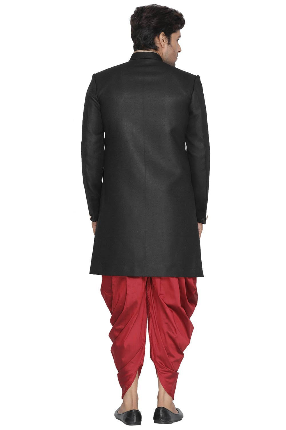 VASTRAMAY Men's Black Jute Cotton Blend Sherwani Set