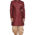 VASTRAMAY Men's Maroon Jute Cotton Blend Sherwani Set