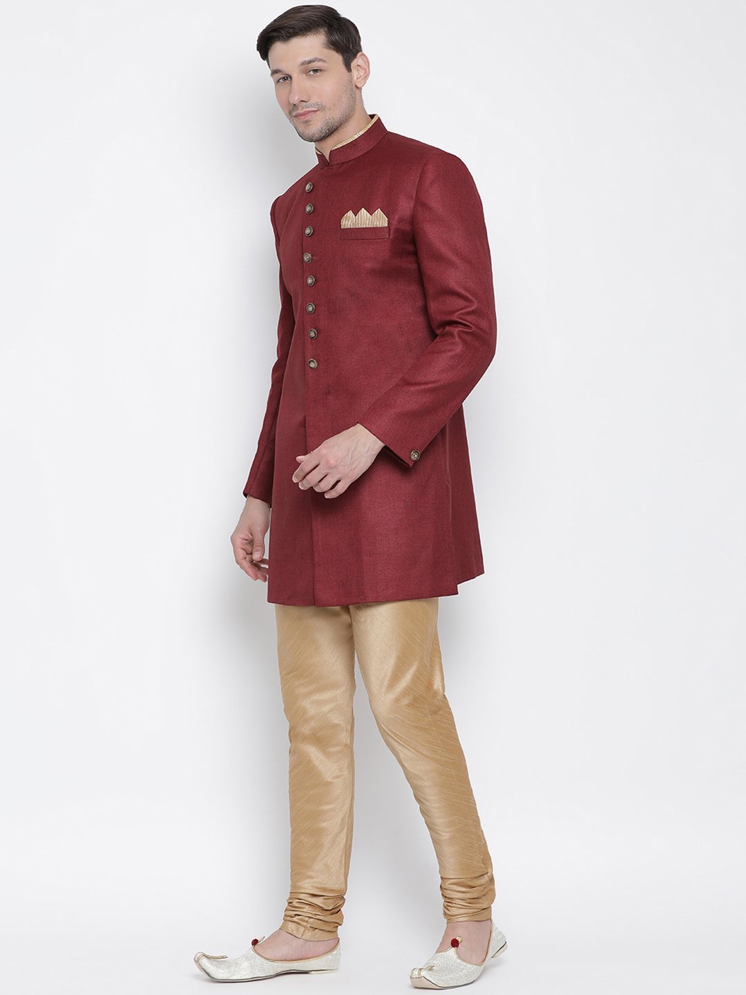 VASTRAMAY Men's Maroon Silk Blend Sherwani Set