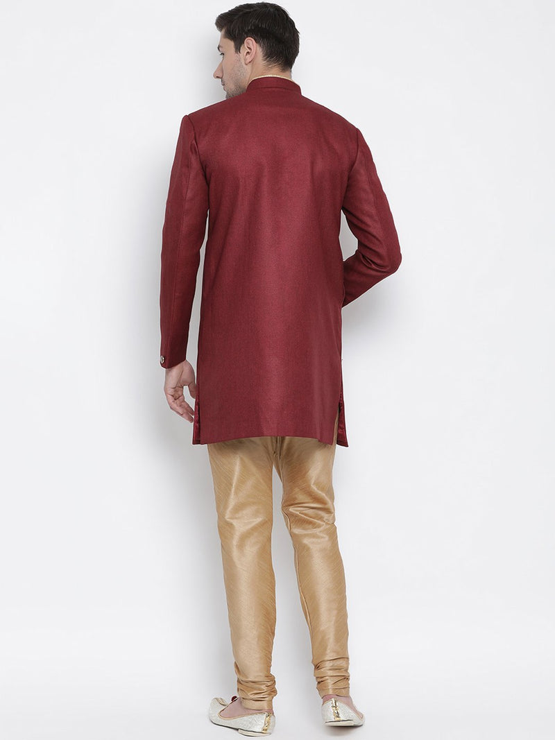 VASTRAMAY Men's Maroon Silk Blend Sherwani Set