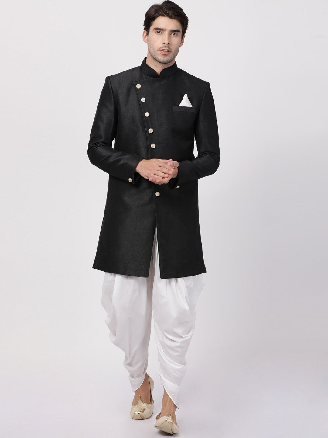 VASTRAMAY Men's Black Silk Blend Sherwani Set