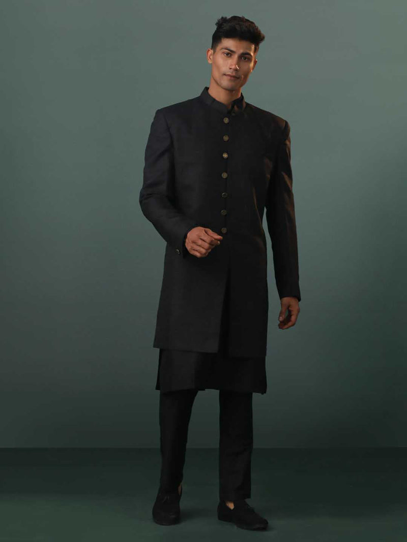 Men's Black Sherwani With Kurta Pant Set