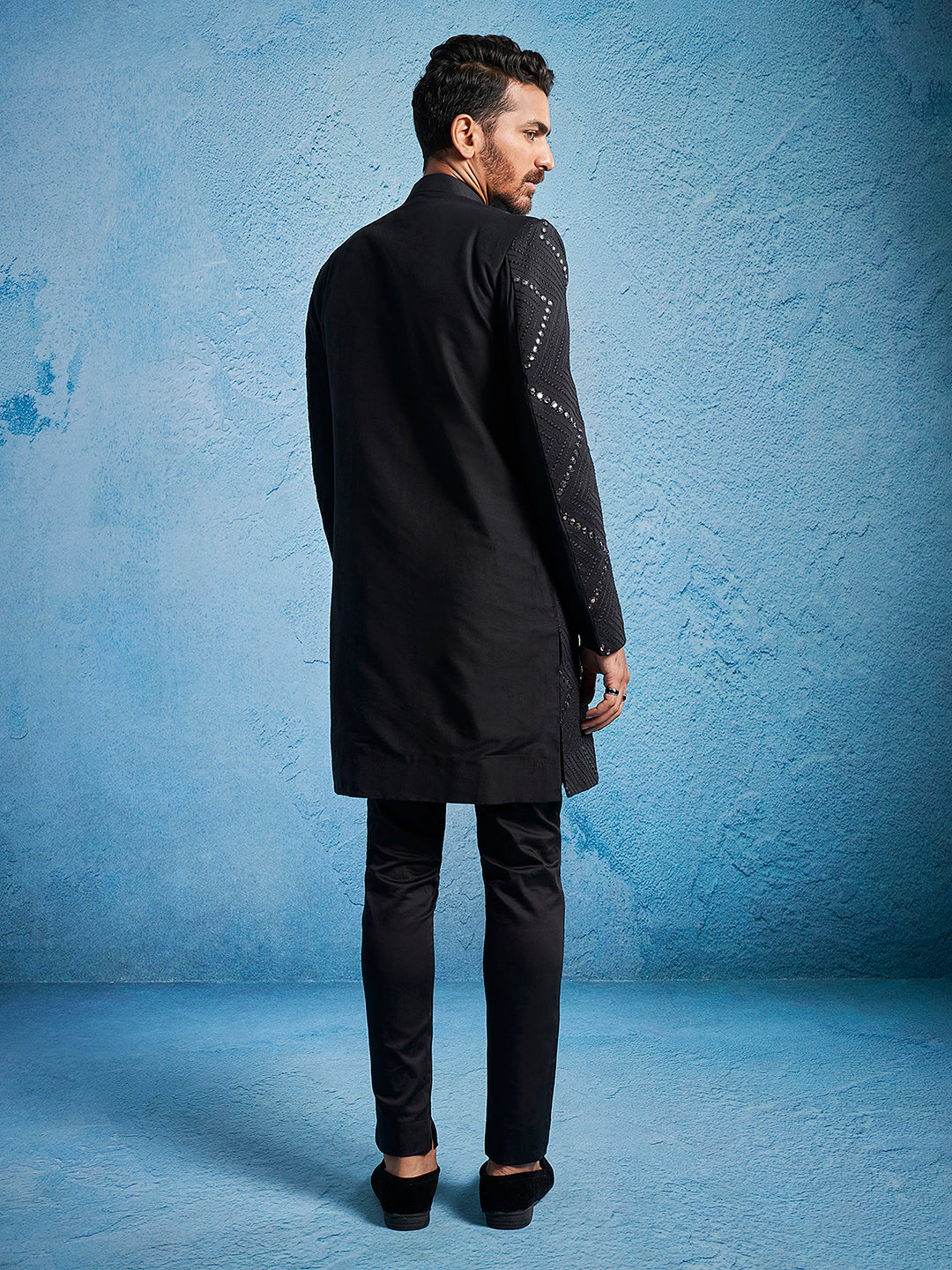 Men's Black Viscose Sherwani Set