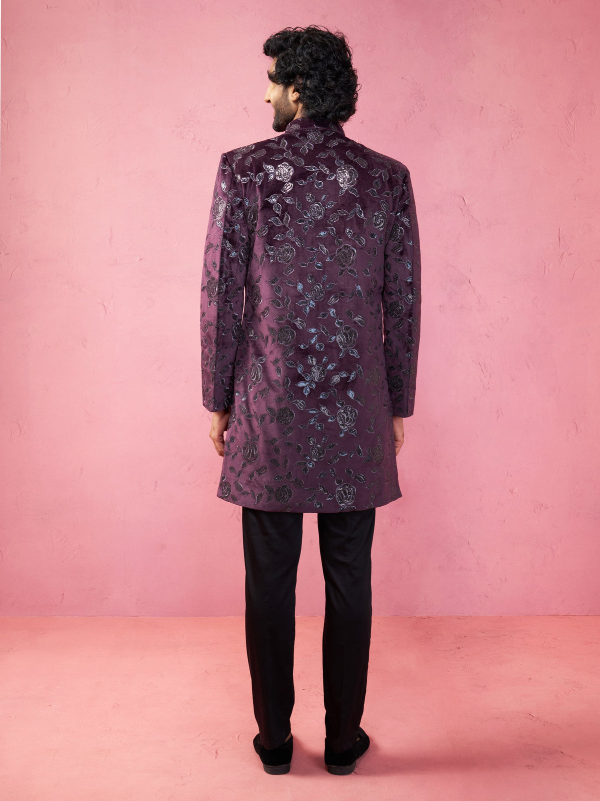 Men's Maroon Velvet Indo-Western Kurta with Black Cotton Lycra Pyjama