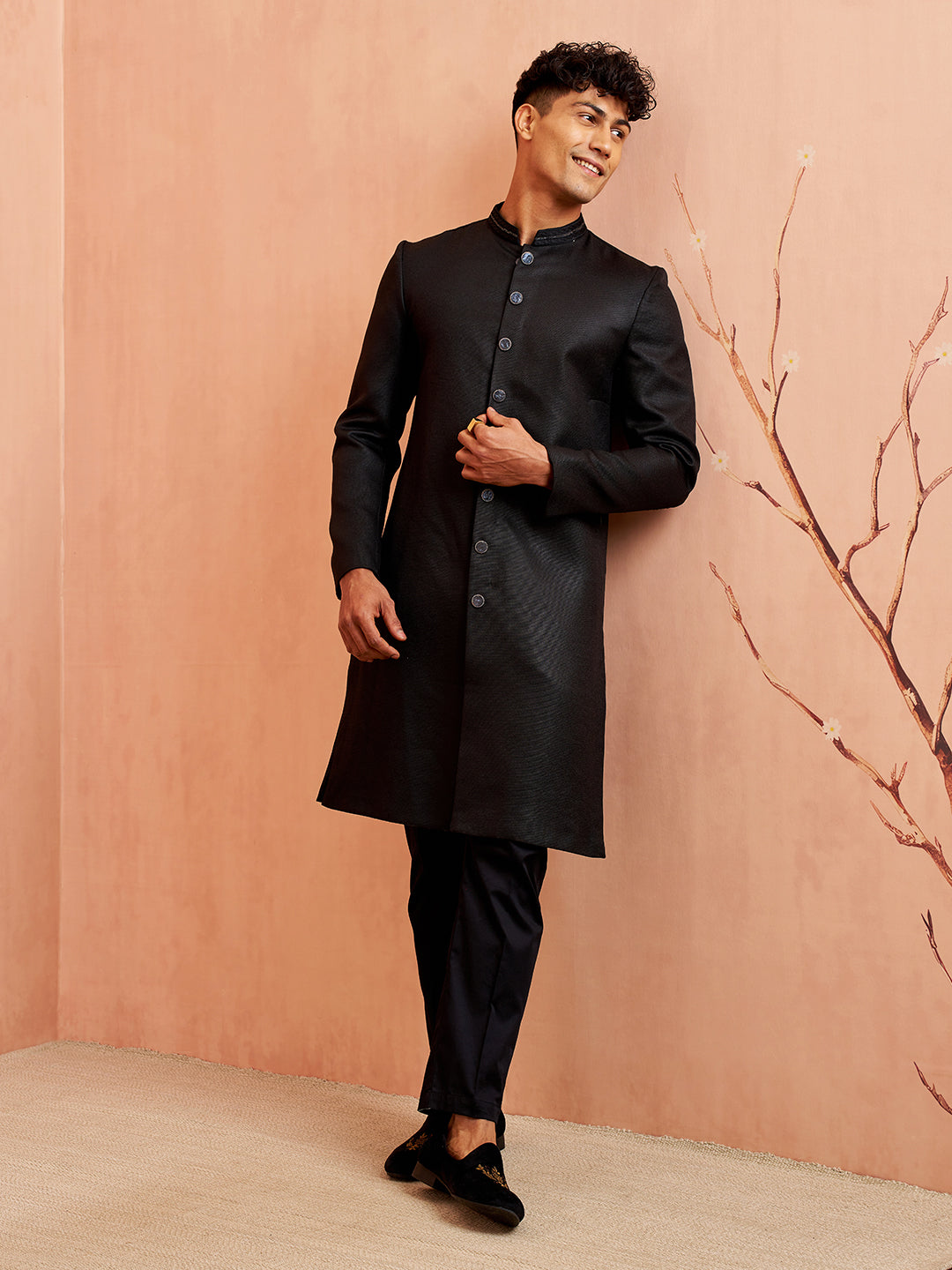 Vastramay Men Black Jute Indo-Western Kurta Pant Set