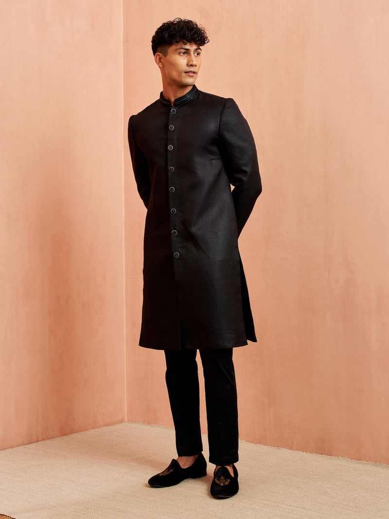 Vastramay Men Black Jute Indo-Western Kurta Pant Set