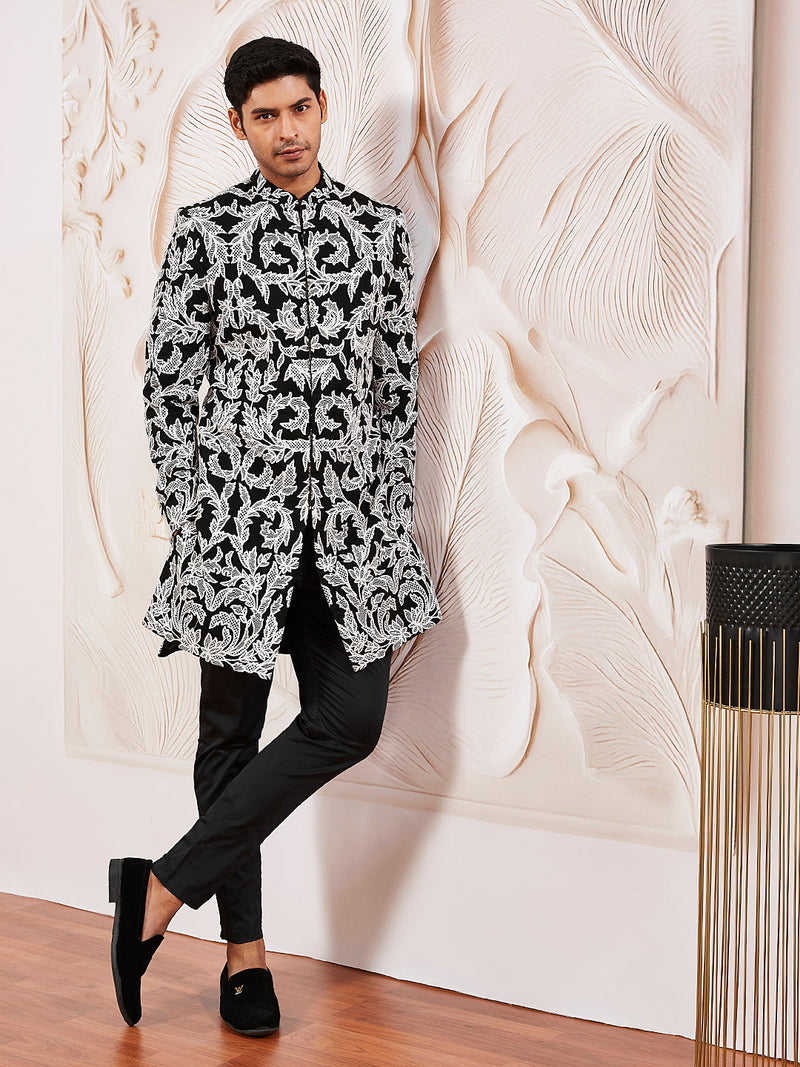 Men's Black Fox Geogette Indo Western And Pant Set