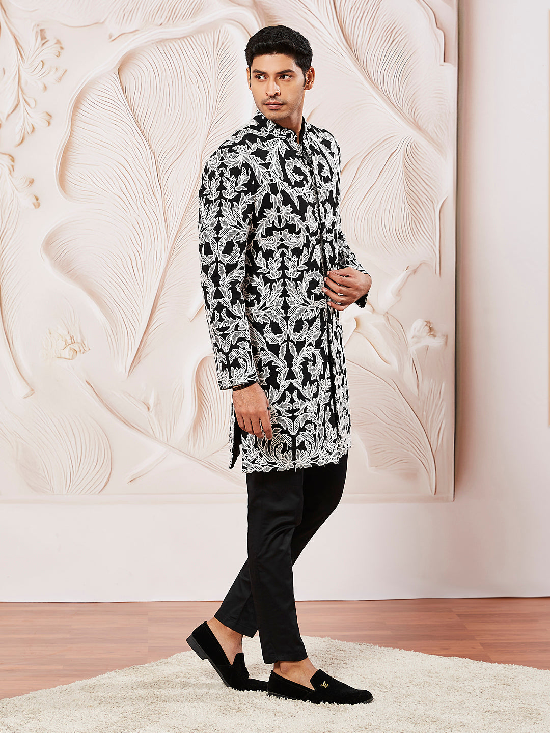 Men's Black Fox Geogette Indo Western And Pant Set