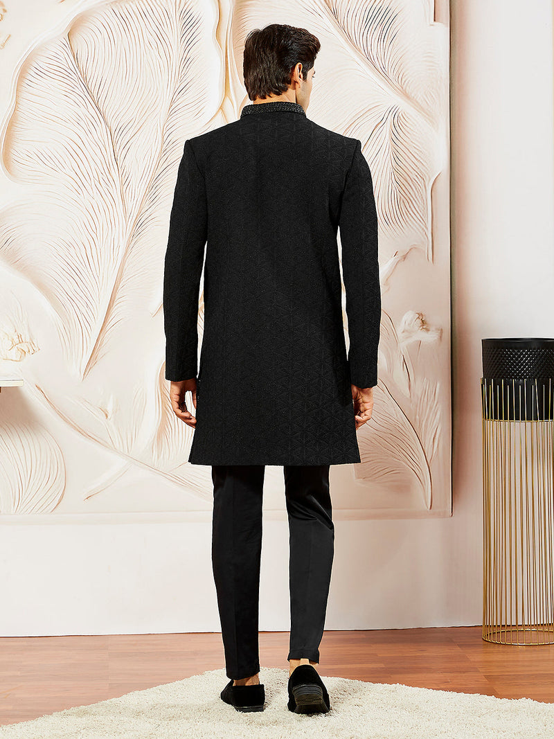 Men's Black Silk Blend Indo Western And Pant Set