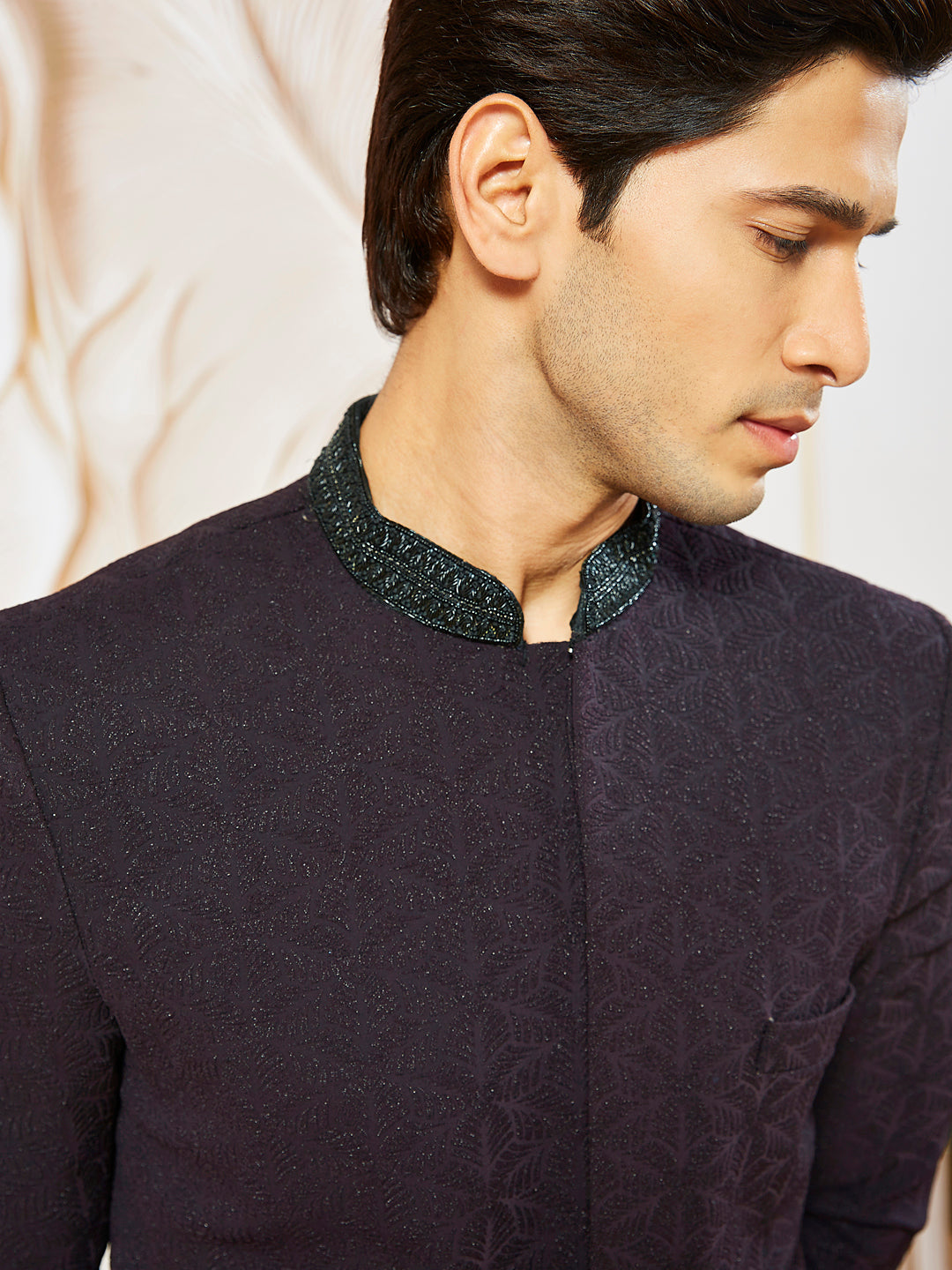 Men's Wine  Silk Blend Indo Western And Pant Set