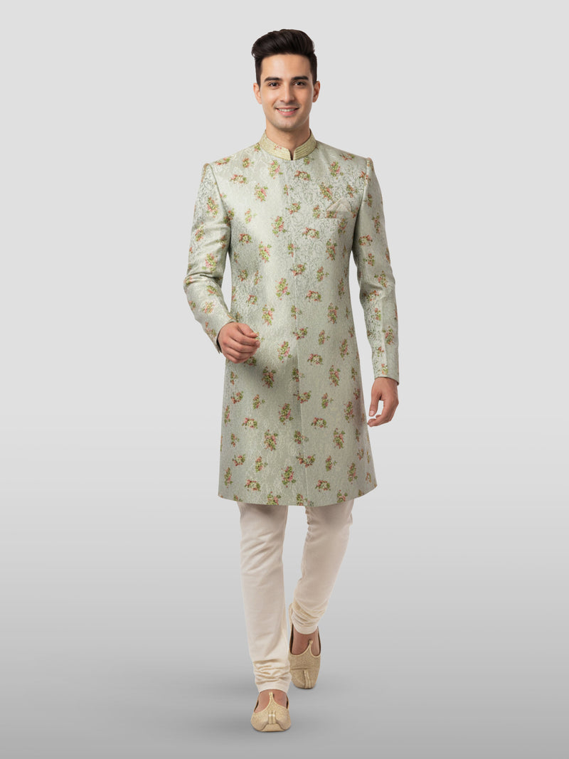 Vastramay Men's Green Jacquard Sherwani with Cream Pyjama