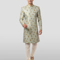 Vastramay Men's Green Jacquard Sherwani with Cream Pyjama