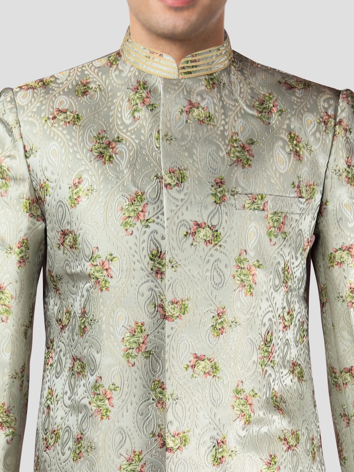 Vastramay Men's Green Jacquard Sherwani with Cream Pyjama