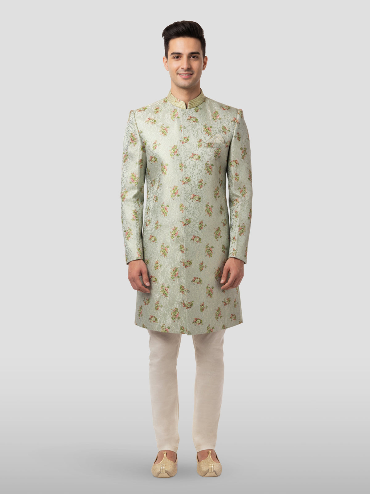 Vastramay Men's Green Jacquard Sherwani with Cream Pyjama