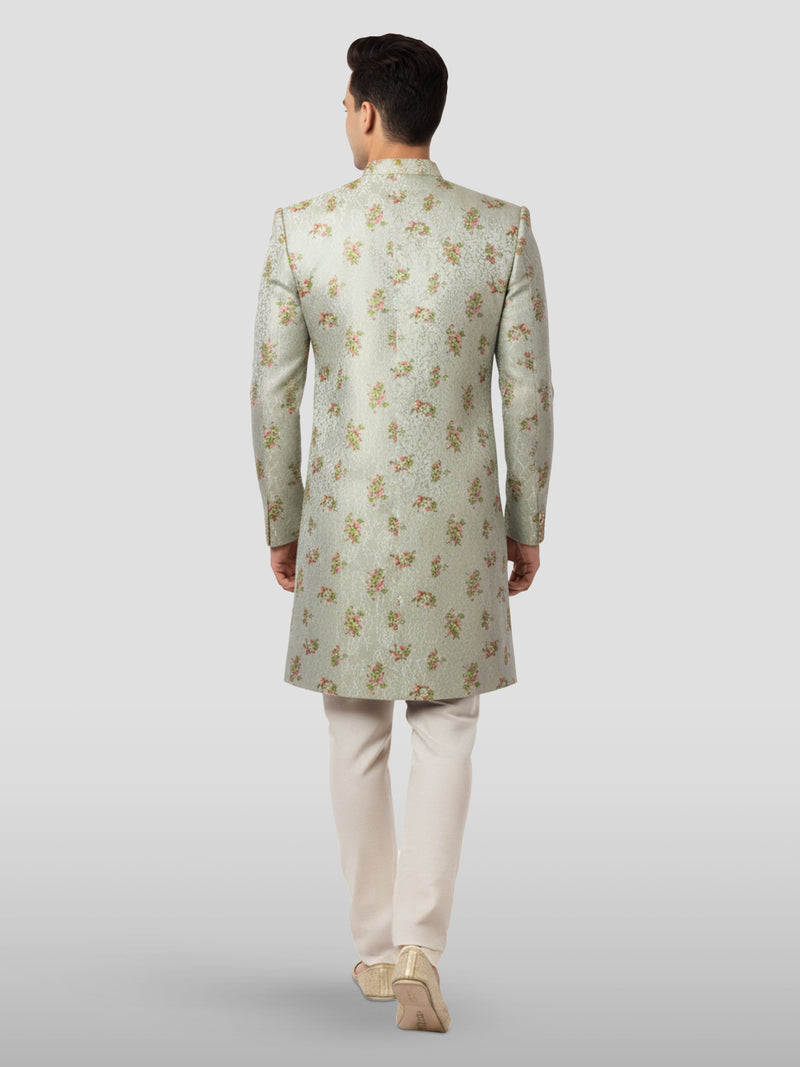 Vastramay Men's Green Jacquard Sherwani with Cream Pyjama