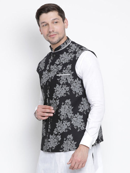 VASTRAMAY Men's Black Cotton Blend Ethnic Jacket