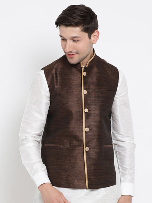 VASTRAMAY Men's Brown Cotton Silk Blend Ethnic Jacket