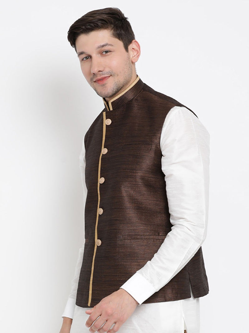 VASTRAMAY Men's Brown Cotton Silk Blend Ethnic Jacket