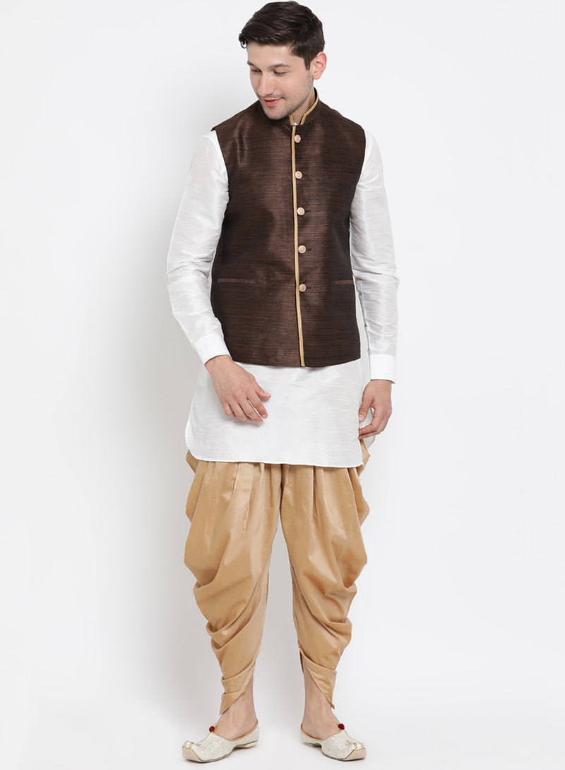 VASTRAMAY Men's Brown Cotton Silk Blend Ethnic Jacket
