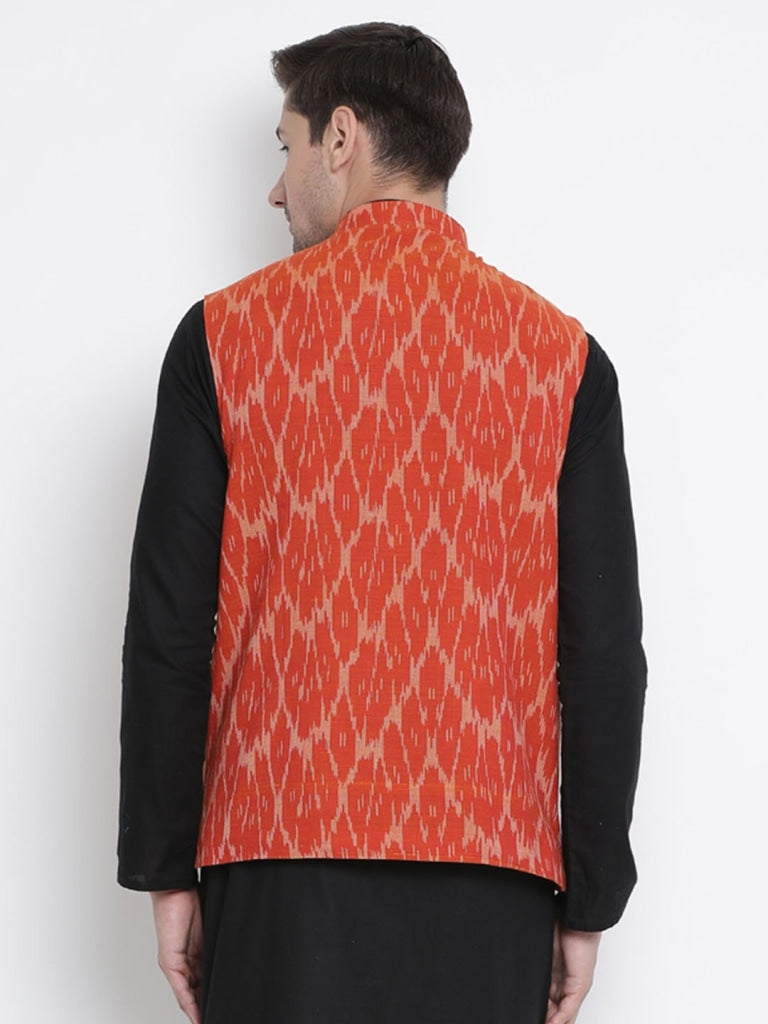 VASTRAMAY Men's Orange Cotton Ethnic Jacket