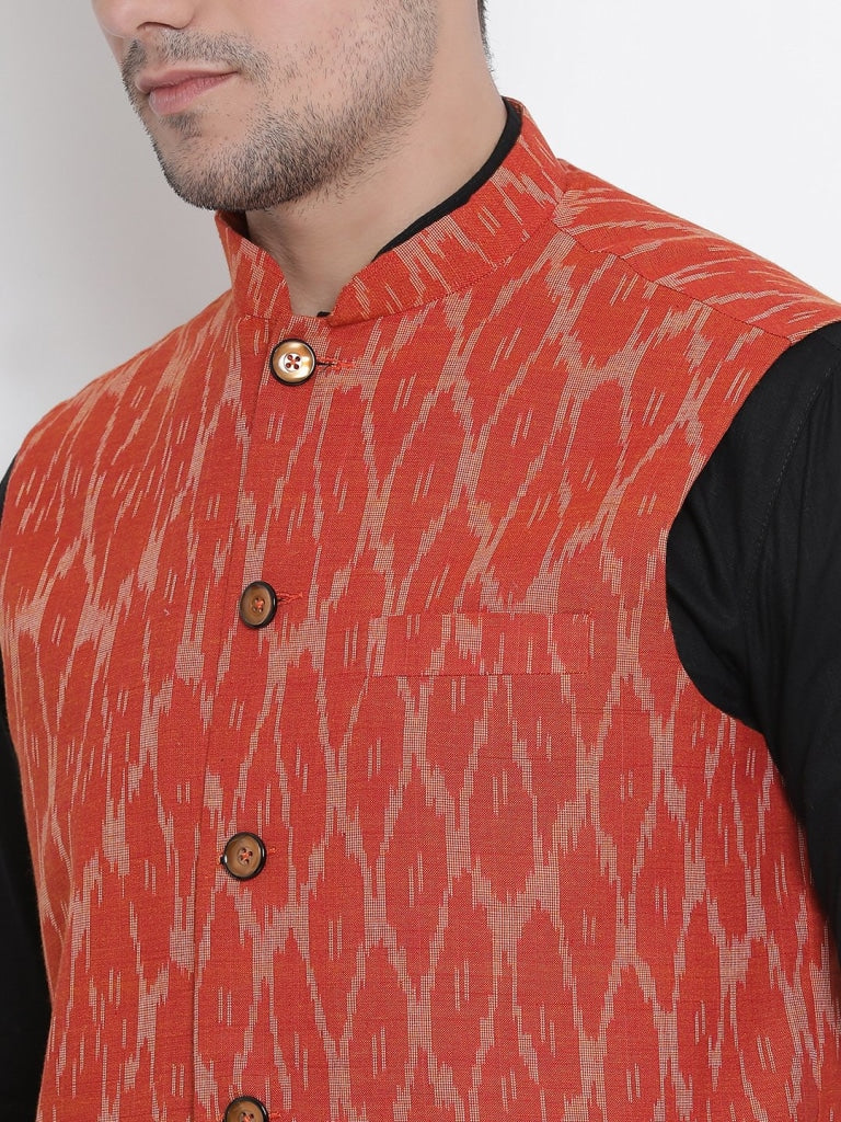 VASTRAMAY Men's Orange Cotton Ethnic Jacket