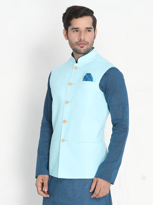 VASTRAMAY Men's Light Blue Cotton Ethnic Jacket