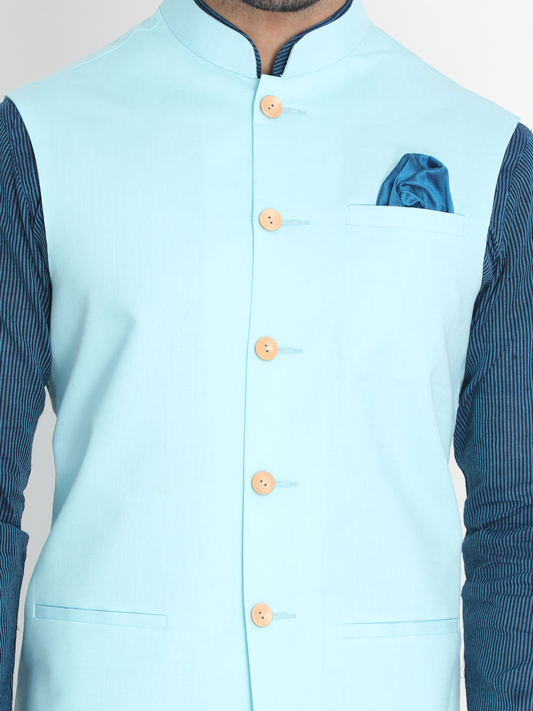 VASTRAMAY Men's Light Blue Cotton Ethnic Jacket