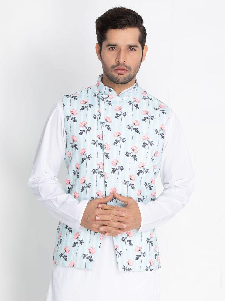 VASTRAMAY Men's Light Blue Cotton Blend Floral Ethnic Jacket