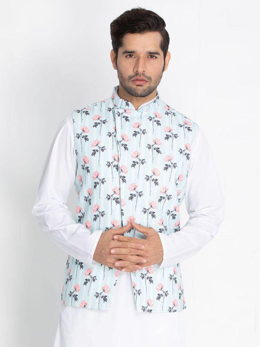 VASTRAMAY Men's Light Blue Cotton Blend Floral Ethnic Jacket