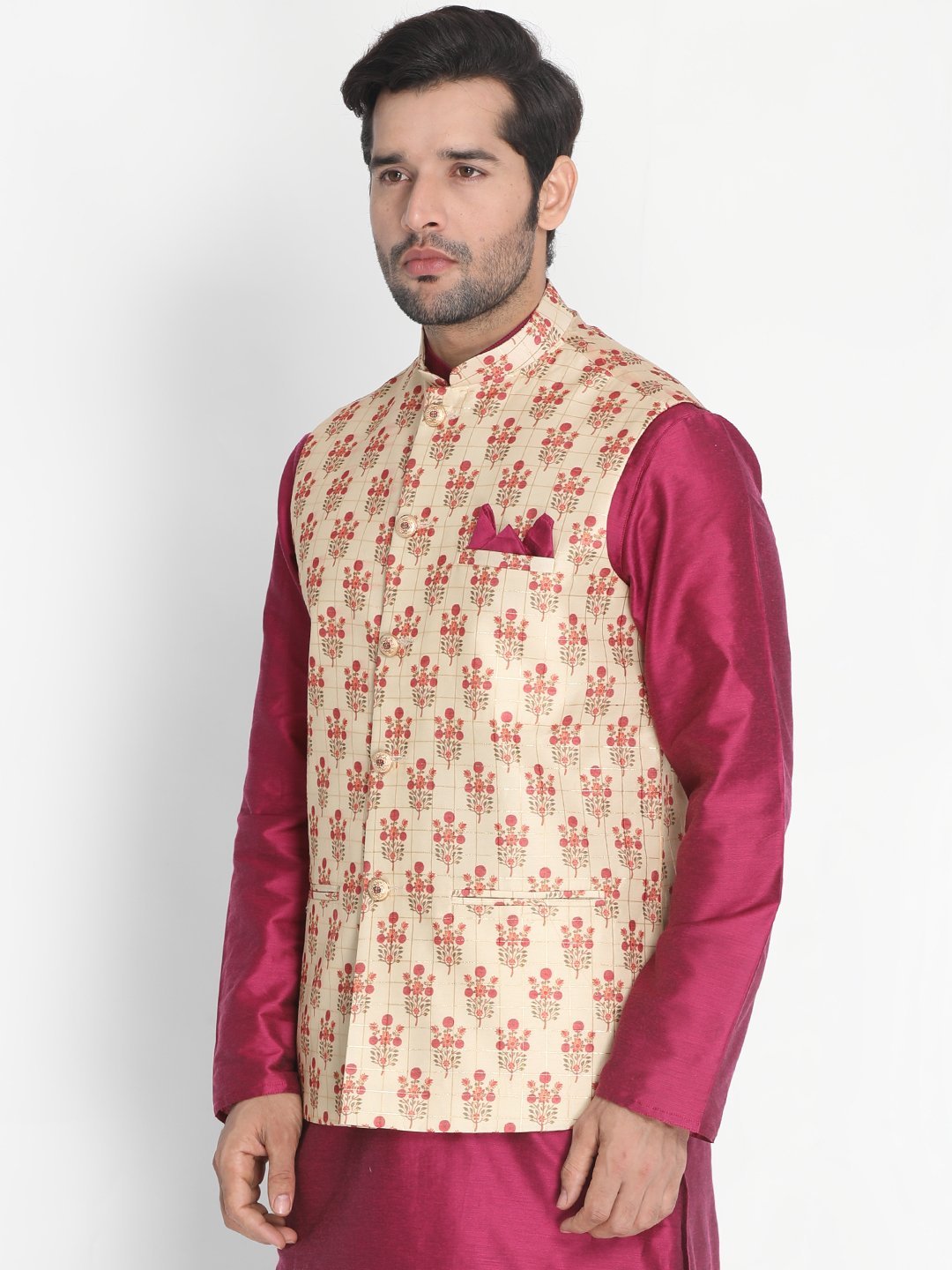 VASTRAMAY Men's Gold Silk Blend Ethnic Jacket