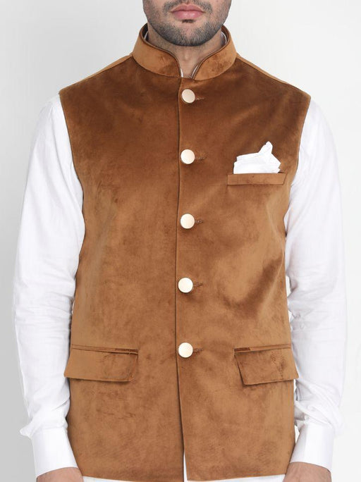 VASTRAMAY Men's Brown Velvet Ethnic Jacket